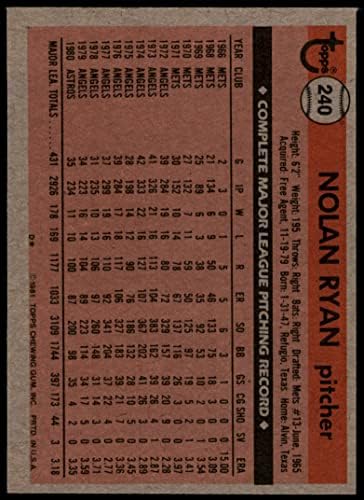 1981 Topps 240 Нолан Райън Хюстън Астрос (Бейзболна картичка) EX/MT Astros