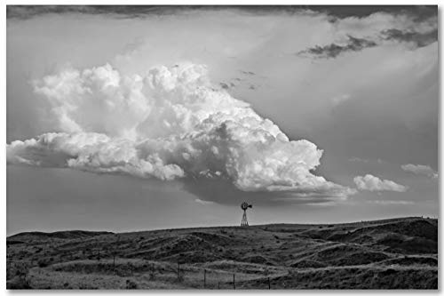 Принт снимка на страната (без рамка) Черно-бяло Изображение Брулени облаците над Вятърна мелница в прерията Небраска Стенно Изкуство В Западен стил Фермерска къща