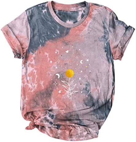 Дамски Летни Блузи, тениски с принтом на Слънцето и Луната, Свободна Тениска с кръгло деколте и Къс ръкав, Пуловер,