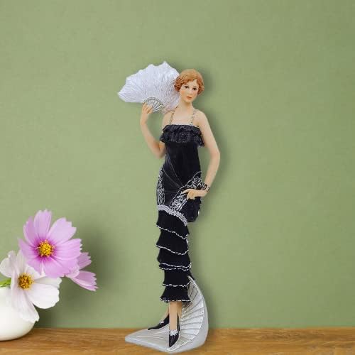 Comfy Hour 13 Полирезиновая Бляскава Елегантна Статуетка Camille Лейди във викториански стил с Фен, Сребро, черен,