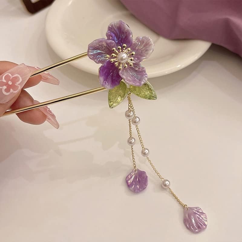 EYHLKM Purple Orchid Pearl Цвете Листа Шнола с пискюли Темперамент Проста Спирала шнола за коса (Цвят: A, размер: