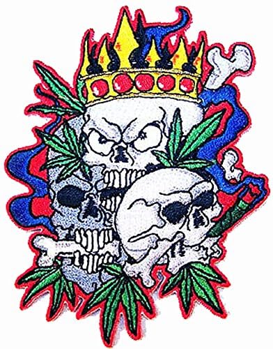 Глава-Череп в Кралската корона с Листа на марихуана - Новост, Бродирана нашивка на байкерской яке - Прогладьте подплата желязо или пришейте